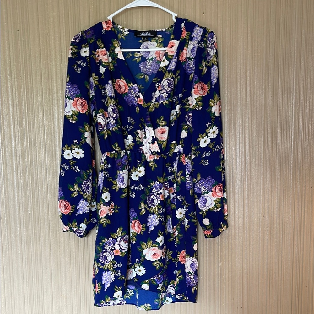 Lulu's blue wrap dress with pink and purple flowers size small